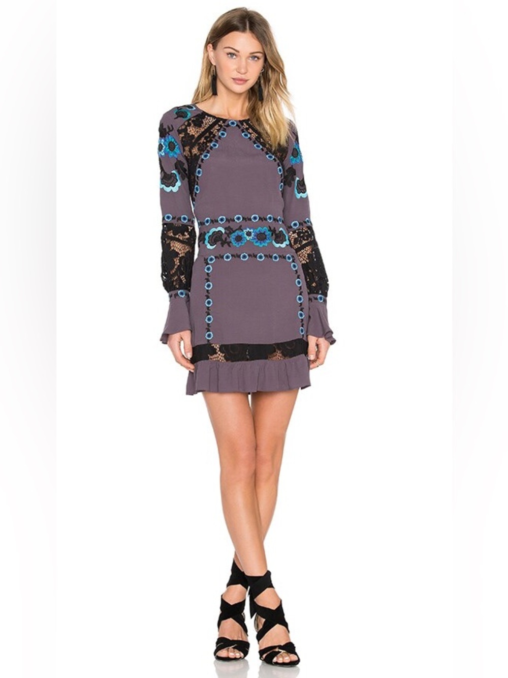 NWT For Love& Lemons Cecelia Purple Floral-Detail Long Sleeve Mini Dress small - Picture 2 of 7